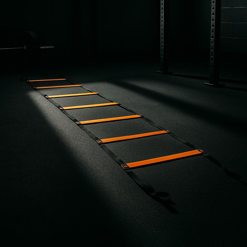 A ladder or training ladder used for performing various exercises and agility drills, typically placed on the floor with v...