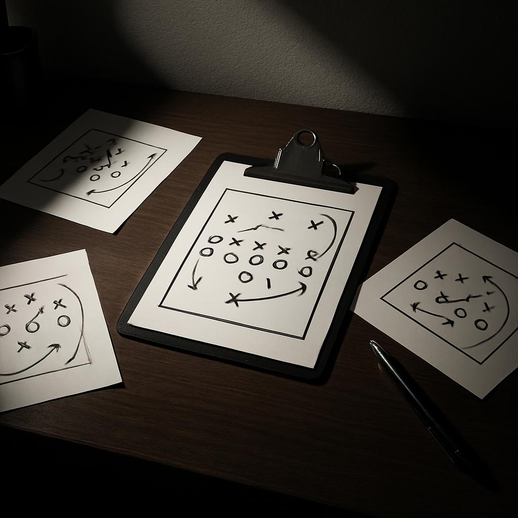 Several white papers with different football plays drawn on them in black marker are scattered around a dark wooden desk, ...