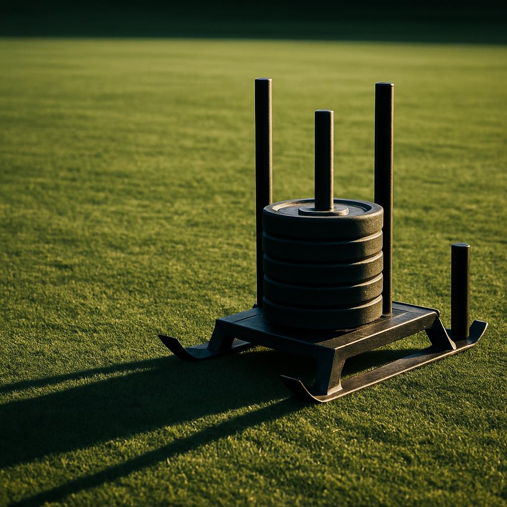 A black sled loaded with black weights sitting on a lush, green grassy field, informing us that this is a workout equipment.