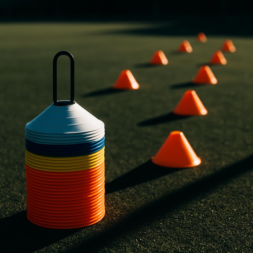 The image shows a stack of plastic cones in various colors on a turf field. A black rubber loop is placed on the stack, st...